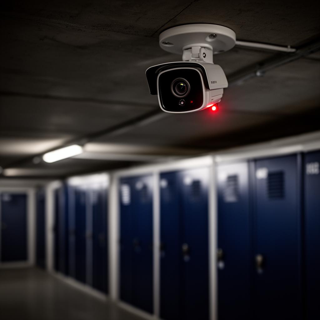 CCTV camera covering corridor of motorcycle storage units
