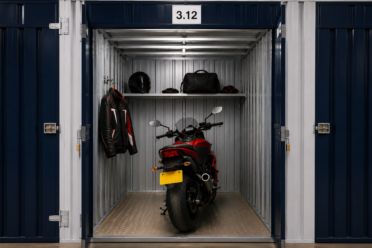 Long corridor of secure motorcycle storage units inside the facility