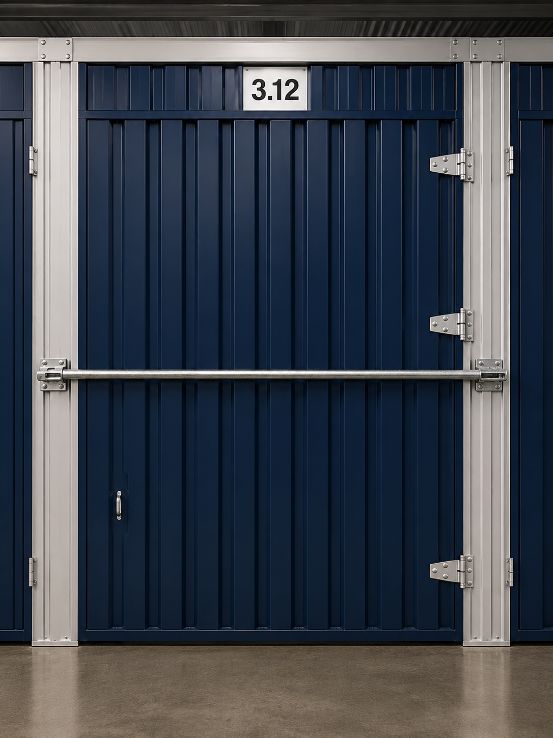 Steel locking bar across the front of a private motorcycle storage unit