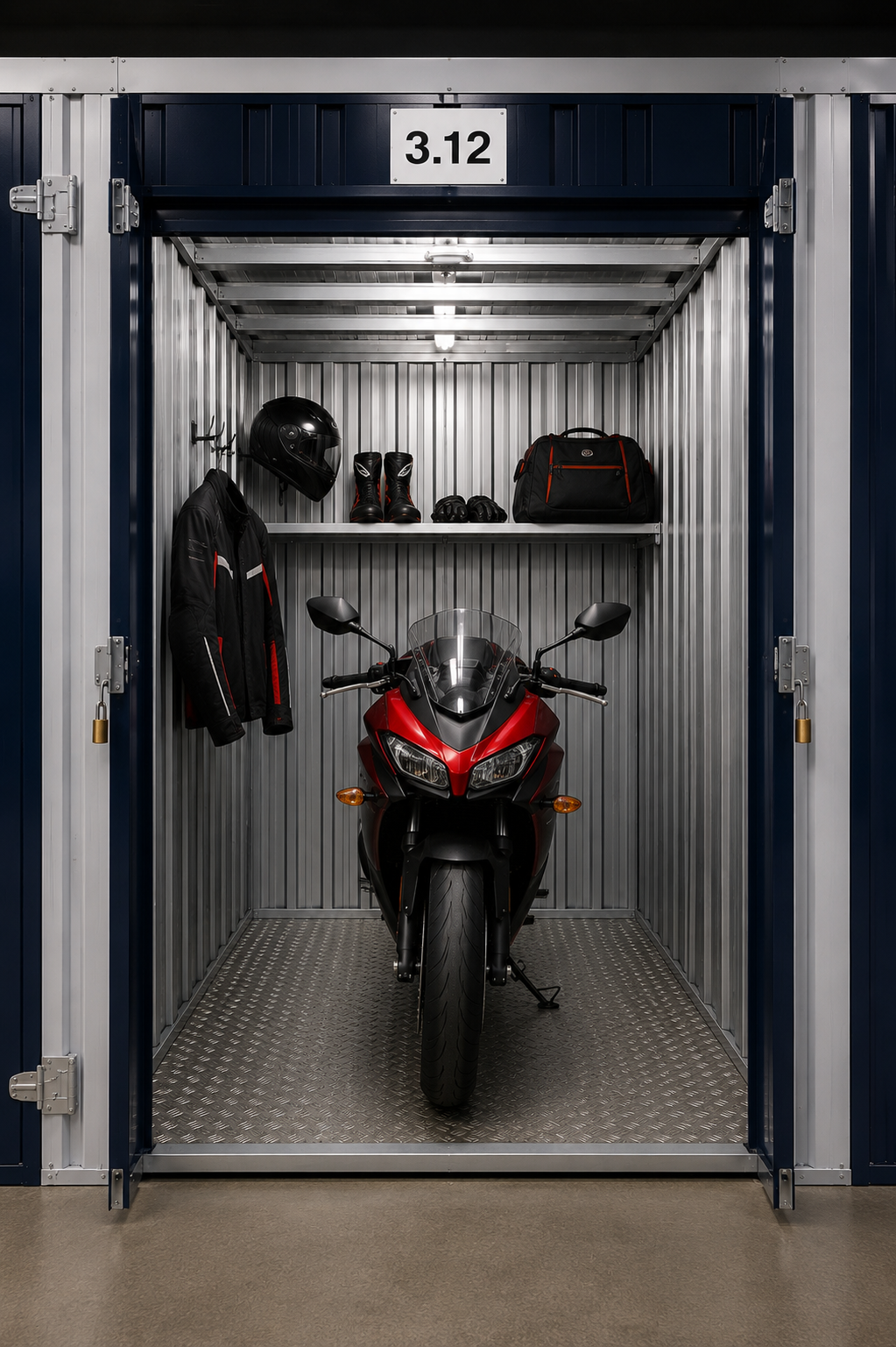 Inside a single private motorcycle storage unit